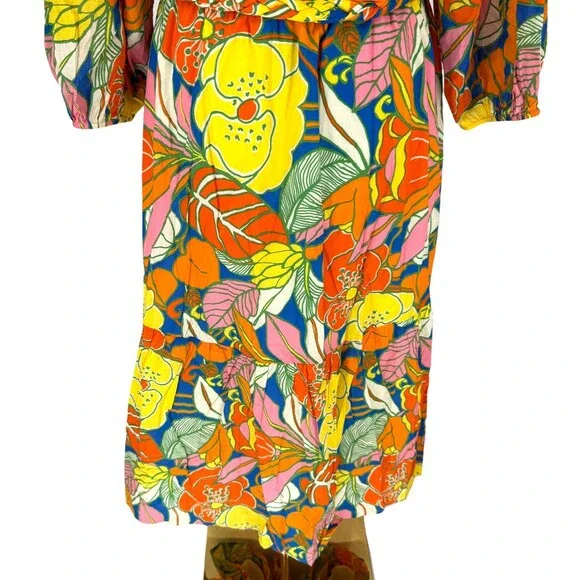 J. Crew Belted Dress Large Floral Tropical Ruffle Neck Midi Balloon Sleeve Retro - Picture 11 of 13